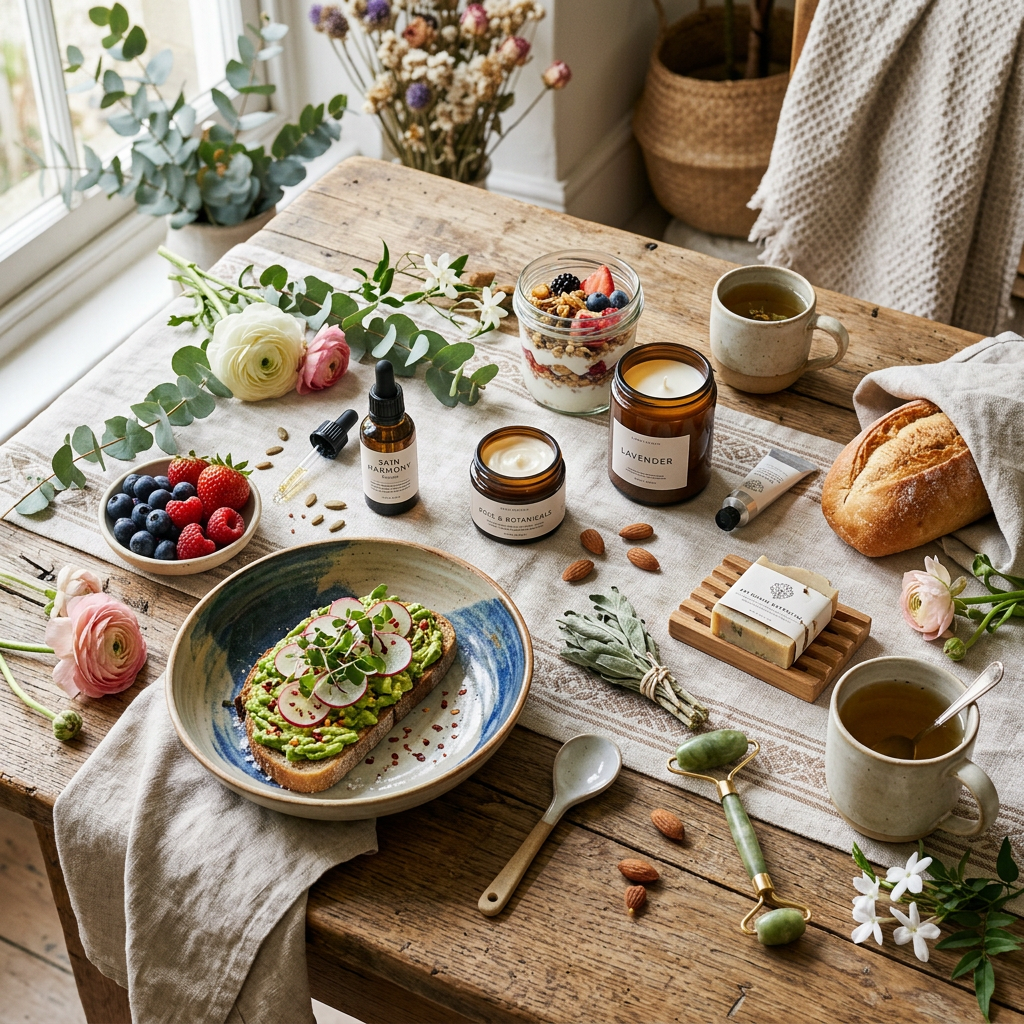 Table set with avocado toast, fresh berries, yogurt parfait, green tea, bread, skincare jars, dropper bottle, soap, roller, and flowers